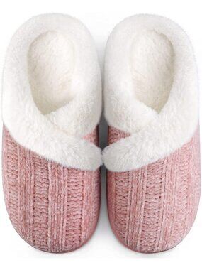 Womens Pink Fuzzy House Slip on Indoor Outdoor Anti-Skid Rubber Slipper Shoes